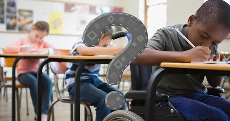 Sticker - Animation of grey question mark over diverse class of elementary schoolchildren at desks writing