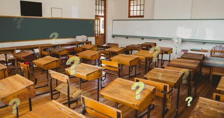 Poster - Animation of green question marks over chairs and desks in empty school classroom