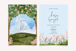 wedding invitation set with garden landscape and pink flower watercolor