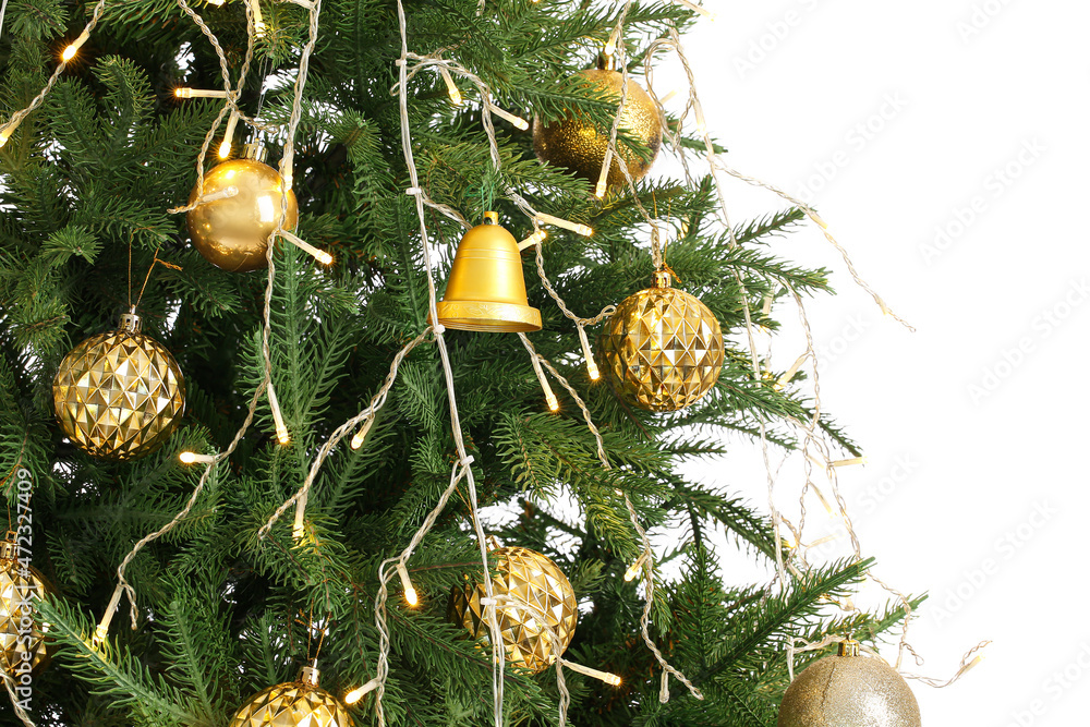 Beautiful decorated Christmas tree isolated on white background, closeup