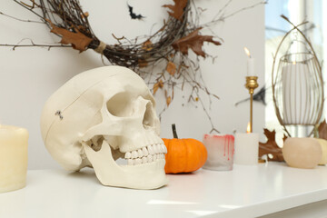 Canvas Print - Different Halloween decor on table indoors. Festive interior