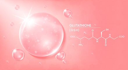 Drop water glutathione pink and structure. Vitamin solution complex with Chemical formula from nature. Beauty treatment nutrition skin care design. Medical and scientific concepts. 3D Realistic Vector