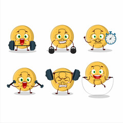 Sticker - A healthy dalgona candy trefoils cartoon style trying some tools on Fitness center