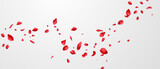 Red rose petals will fall on abstract floral background with gorgeous rose petal greeting card design.