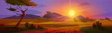 Sunset At African Savannah Landscape, Wild Nature Of Africa Evening View, Cartoon Background With Green Tree, Rocks And Plain Grassland Field Under Dusk Sky. Kenya Panoramic Scene, Vector Illustration