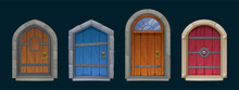 Set Of Castle Doors, Cartoon Dungeon Or Palace Fairy Tale Gates, Medieval Fairytale Arched Entries. Exterior Design Elements With Wood Planks, Forgery, Glass Decor And Ring Knobs, Vector Illustration