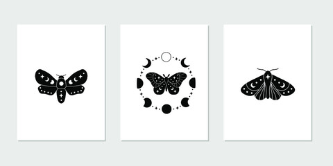 Wall Mural - Celestial butterfly vector illustration. Mystical luna moth with moon phases. Magic insect on white background. Design for boho poster, magical card, t shirt print, home decoration, wall art.