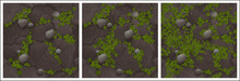 Barren Land Texture With Green Plants Grow On Cracked Dry Soil With Stones Top View. Texture For Game, Abstract Background, Environment Ground Tile With Gray Boulders, Realistic 3d Vector Illustration