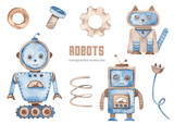 Fototapeta Pokój dzieciecy - Watercolor set with robots, robot on tracks, robot kid, robot cat, cord, spring, gear