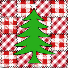 Sweet Colorful Patchwork Seamless Pattern From Square Patches And Gingham With Christmas Tree. Multicolor Print For Fabrics And Textiles.Quilt Design, Hand Made.