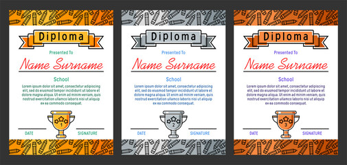 Wall Mural - Children's diplomas with a background of pencils with a gold, silver and bronze winner trophy for 1, 2, 3 prizes. Template for a certificate, gratitude, award letter. Vector illustration