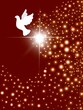 Cartolina di Natale con colomba bianca su sfondo banner rosso e stelle luminose luce croce raggiante 