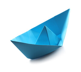 Sticker - Handmade light blue paper boat isolated on white. Origami art