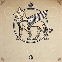 Fantastic image of a winged dog , mythological character, pagan deity. Background - imitation of old paper, space symbols. The place for the text. Vector illustration.