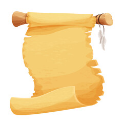Wall Mural - Parchment scroll with feather on wooden stick in cartoon style isolated on white background. Game asset, design element. Ancient, medieval paper. Vector illustration