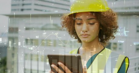 Sticker - Animation of statistics processing over female architect using tablet at construction site