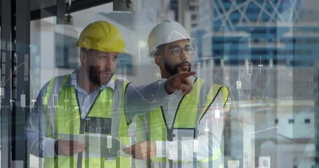 Poster - Animation of statistics processing over male architects holding plans at construction site