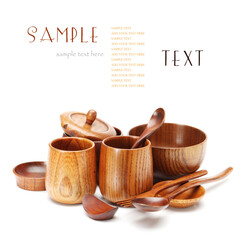 Poster - wood craft (cups, bowl, spoons, scoops) on white background