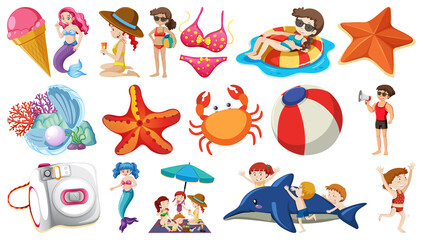 Poster - Set of summer beach objects and cartoon characters