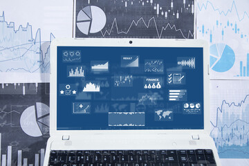 Sticker - Laptop screen with data analysis graphs and charts. Business