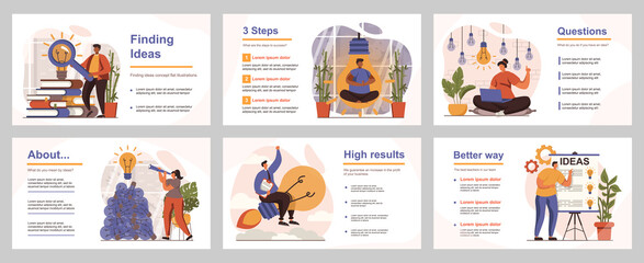 Aufkleber - Finding ideas concept for presentation slide template. People come up with new ideas, brainstorming, develop project plan and success strategy. Vector illustration with flat persons for layout design