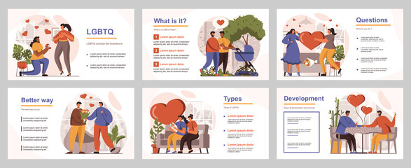 Aufkleber - LGBTQ people concept for presentation slide template. Gay and lesbian couples on romantic date, propose, homosexual families raise children. Vector illustration with flat persons for layout design