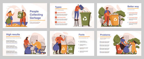 People collecting garbage concept for presentation slide template. Volunteers sorting different trash into separate bins, protecting ecology. Vector illustration with flat persons for layout design