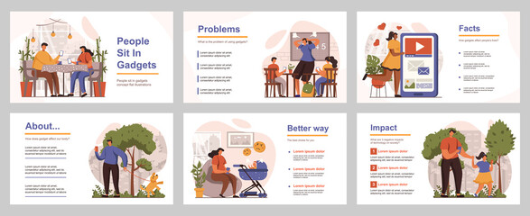 Aufkleber - People sit in gadgets concept for presentation slide template. Men, women and kids spend time in smartphones, unhealthy habit and addiction. Vector illustration with flat persons for layout design