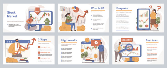 Aufkleber - Stock market concept for presentation slide template. People analyze financial data, brokers buy or sell, create success investment strategy. Vector illustration with flat persons for layout design
