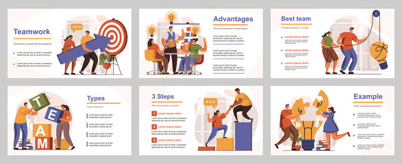 Aufkleber - Teamwork concept for presentation slide template. People collaborate at work, generate ideas, targeting, leadership, achieve business goals. Vector illustration with flat persons for layout design
