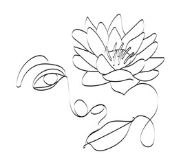 Wall Mural - Boho women face vector. Surreal portrait, girl face with lotus, chrysanthemum, lily flowers in continuous line style.