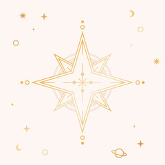 gold wind rose compass, outline logotype. tarot design, esoteric navigation. vector illustration.
