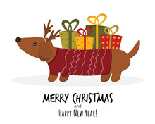 A Cute Dachshund Dog Carries Gifts For Christmas And New Year. Christmas Greeting Card Concept. Vector Flat Illustration.