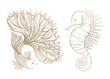 Golden sea animals in linear style