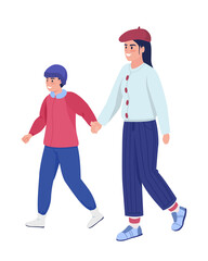 Poster - Mom with son on walk semi flat color vector characters. Dynamic figures. Full body people on white. Winter isolated modern cartoon style illustration for graphic design and animation