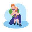 Father hugging daughter 2D vector isolated illustration. Dad calming female toddler with hugs flat characters on cartoon background. Showing affection to kid. Fatherhood experience colourful scene