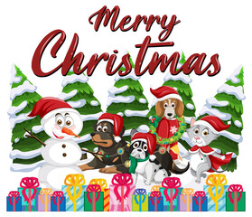 Merry Christmas text design with cute animals