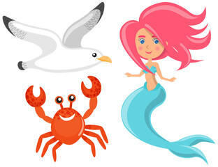 Wall Mural - Beautiful mermaid, red crab and seagull smile and live by sea. Pretty girl with fish tail and long pink hair. Cartoon nautical characters on white background. Underwater life of ocean creature