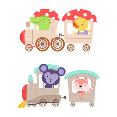 Sticker - Funny Animal Riding Steam Train Having Adventure Vector Set