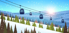 Ski Resort Cableway In Snowy Mountains Winter Vacation Concept Horizontal Beautiful Landscape Background