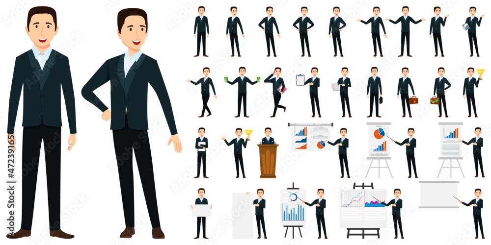 Businessman character set wearing business outfit and standing with ...