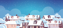 Winter Houses With Snow On Roofs Snowy Village Merry Christmas Happy New Year Greeting Card