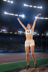 Wall Mural - Portrait of Professional Female Athlete on Stadium Happily Celebrating World Record with Raised Hands on Sports Championship. Determination, Effort, Motivation, Inspiration are Key of Success Story