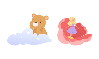 Sticker - Fairytale Character with Winnie-the-Pooh on Cloud and Thumbelina in Flower Cup Vector Set