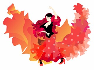 Wall Mural - A beautiful Spanish girl with fluttering hair in a traditional costume with lush flounces on the sleeves in the form of a rose flower is dancing flamenco isolated on a white background.