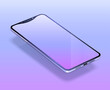 Imaginary smartphone. Vector 3d realistic cell phone in perspective view. Digital mockup. Trendy blue, lavender and light purple gradient. Realistic template on the bluish violet background