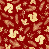 Fototapeta Boho - Seamless Christmas pattern squirrel, spruce branches, holly berries, snowflakes , gold texture. New Year's holidays, Christmas decor.