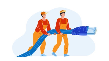 Wall Mural - network lan support repairmen with cable vector. network lan support service men fixing and connecti