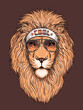 Beautiful lion head in sunglasses. Illustration in a hand-drawn style. Stylish image for printing on any surface