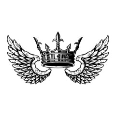 Illustration of king crown and wings in monochrome style. Design element for logo, emblem, sign, poster, t shirt. Vector illustration